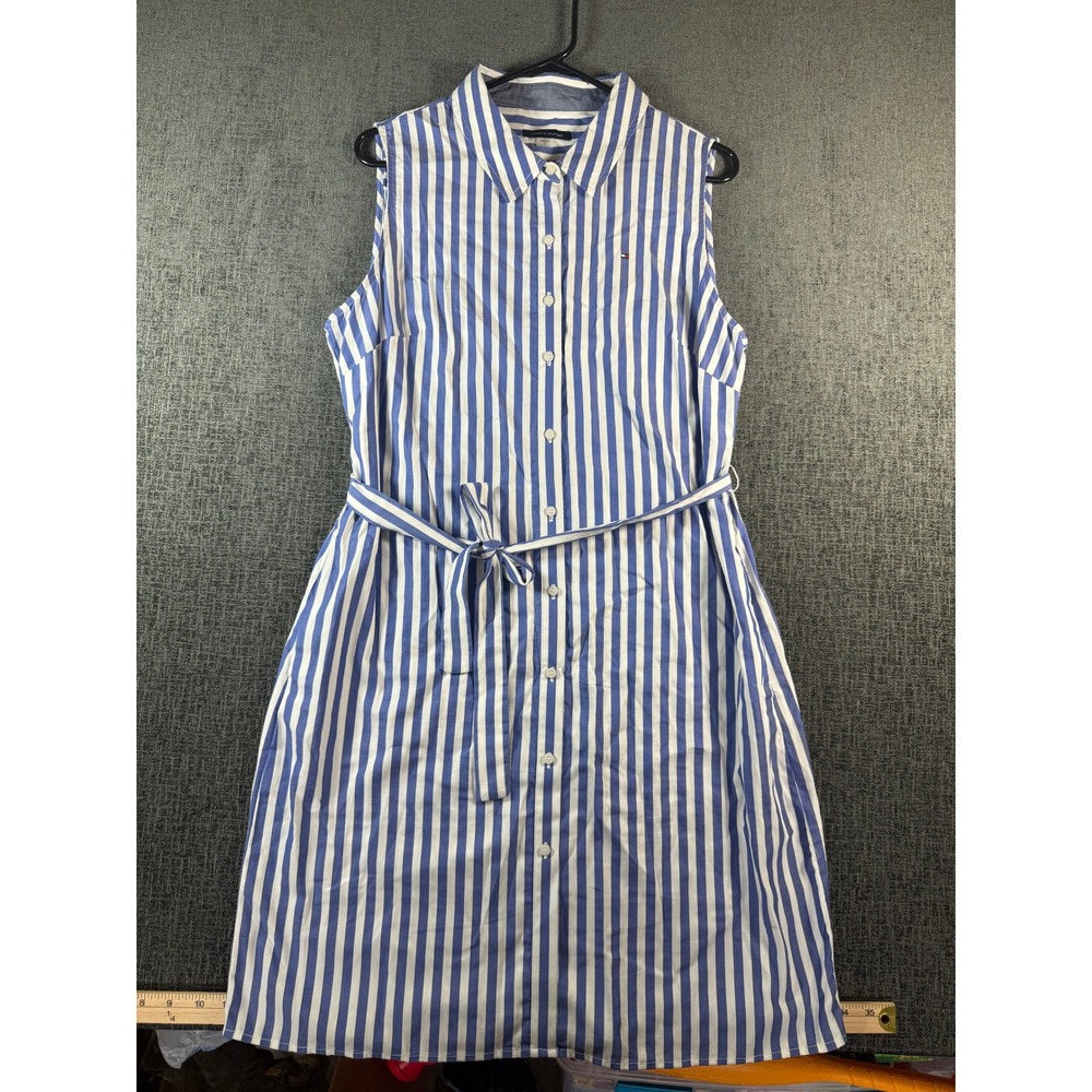 Tommy Hilfiger Womens Blue White Striped Sleeveless Button Front Shirt Dress 12
